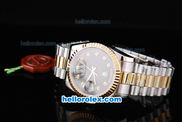 Rolex Day Date Oyster Perpetual Swiss ETA 2836 Automatic Movement Two Tone with Black Dial-Gold Bezel and Diamond Markers - Click Image to Close